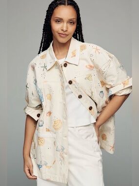 NWOT Anthropologie Maude Club Hayes Sea Life Printed Eyelet Cotton Chore Jacket